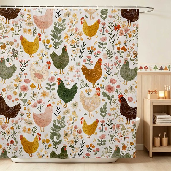 Erosebridal Chicken Shower Curtain 72Wx72L for Girls, Wildflower Meadow Waterproof Bathroom Curtain