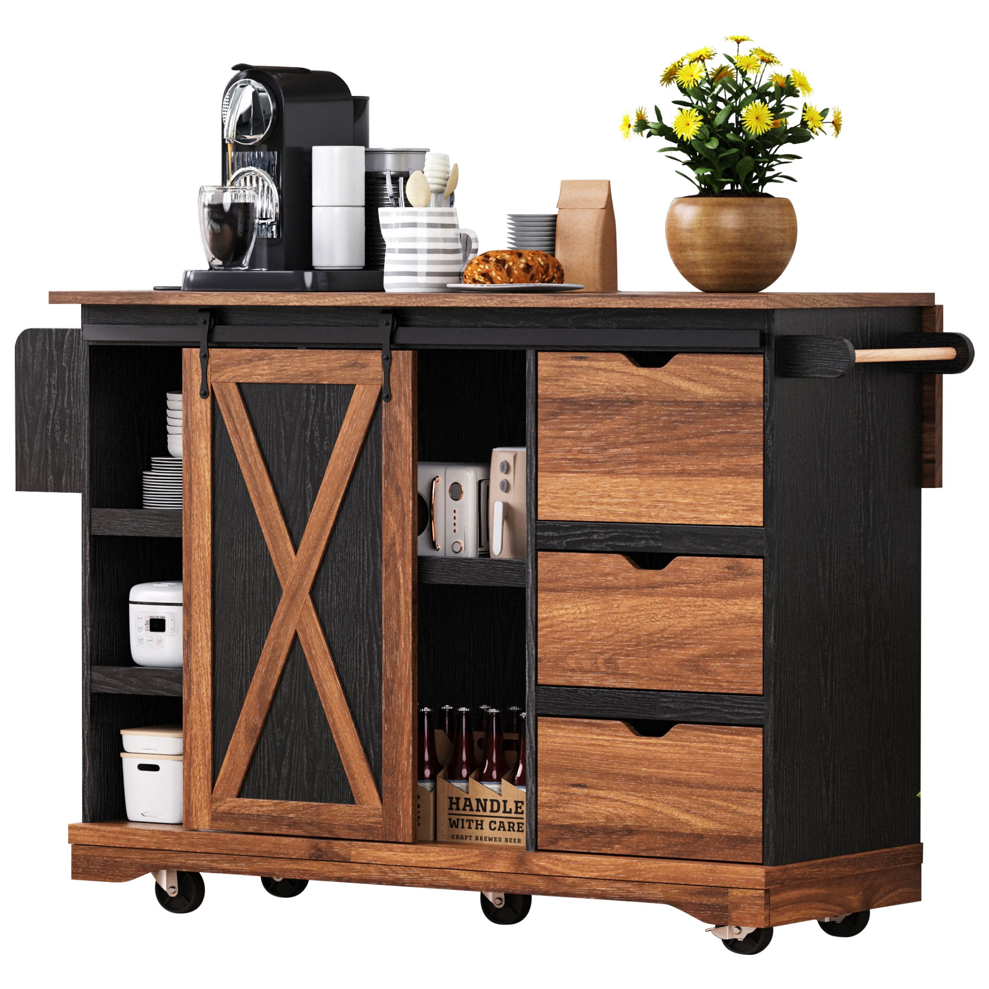Euroco Farmhouse Kitchen Island with Drop Leaf, Charging Station, Storage Cabinet & Drawers, Rolling Kitchen Cart with Barn Door – 55.5''W