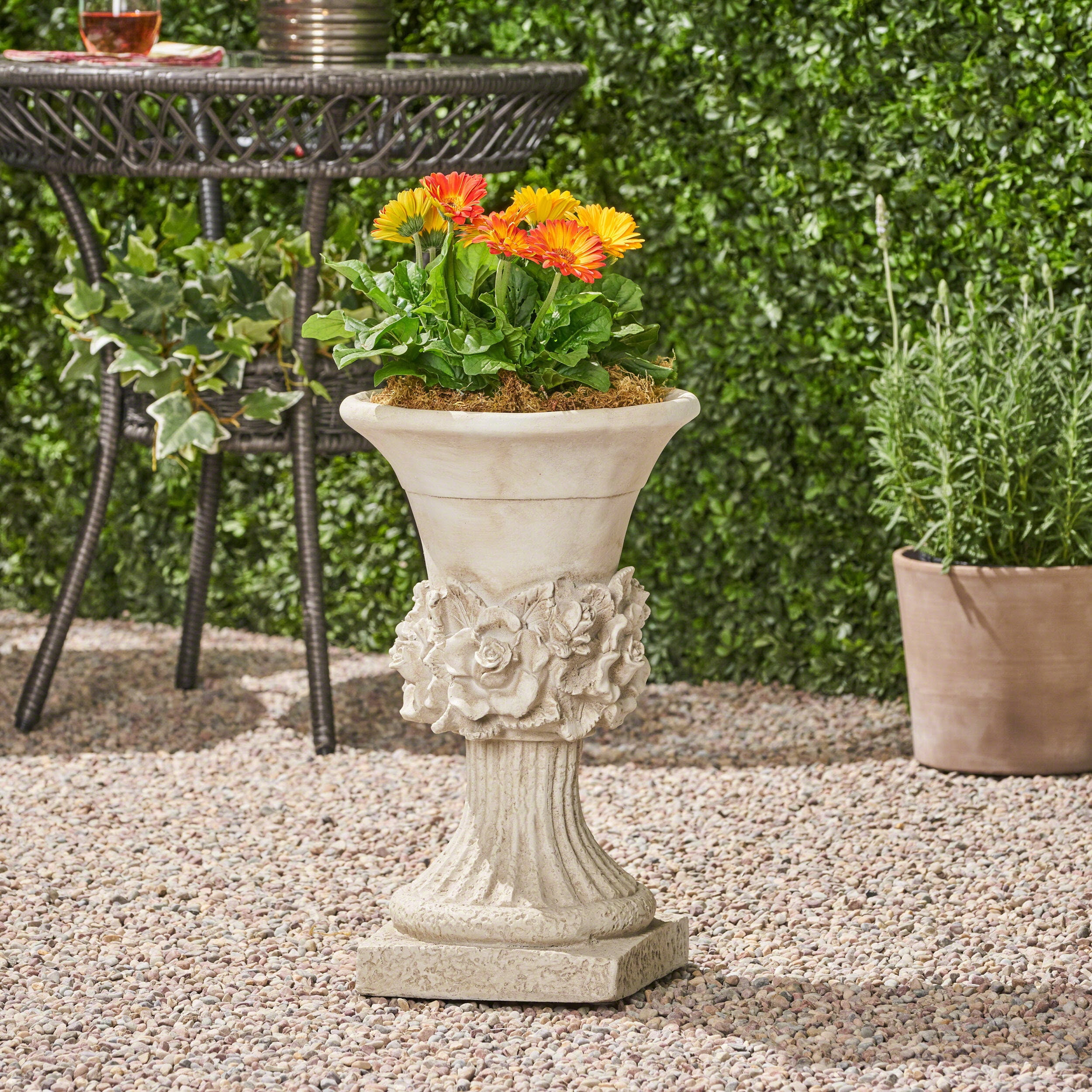 GDF Studio Michaelia Outdoor Garden Lightweight Concrete Urn Planter, Antique White