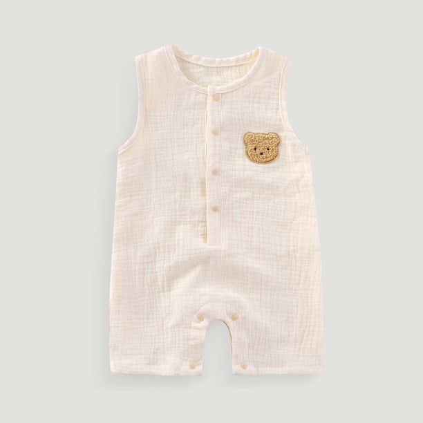 Ropa de bebé sin mangas corta con bordado de oso de escalada, mono transpirable de gasa que absorbe el sudor, gasa de doble capa, botón oculto, algodón para niños hayi