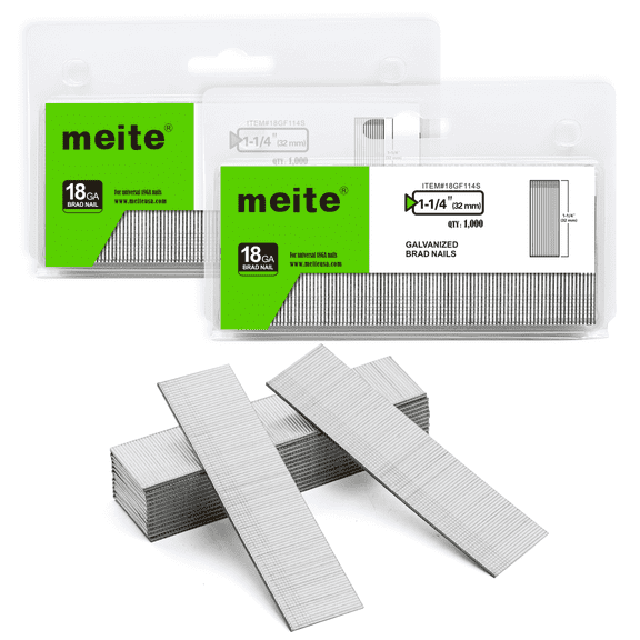 MEITE 18 Gauge Brad Nails, 1-1/4 inch Galvanized Small Finishing Nails for Pneumatic Brad Nailer 2 Packs (1,000 Pcs/Pack)