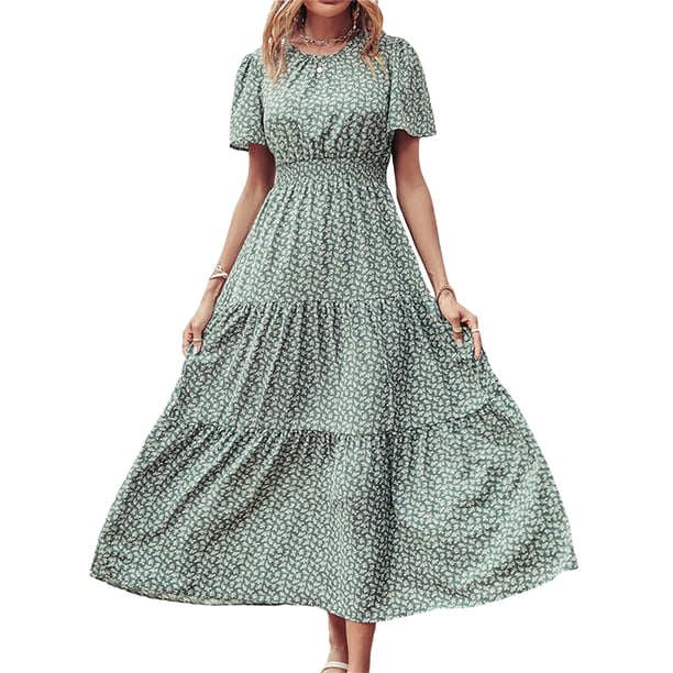 Txlixc Vestido largo para mujer, cuello redondo, manga corta, cintura elástica, estampado floral, estilo bohemio, vestidos casuales Txlixc Estilo de ocio