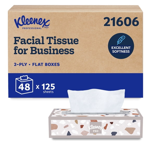 Kleenex Professional Facial Tissue, Bulk (21606), 2-Ply, White, Flat Boxed Format, Designed for Business (125 Tissues/Box, 48 Boxes, 6,000 Sheets/Case)