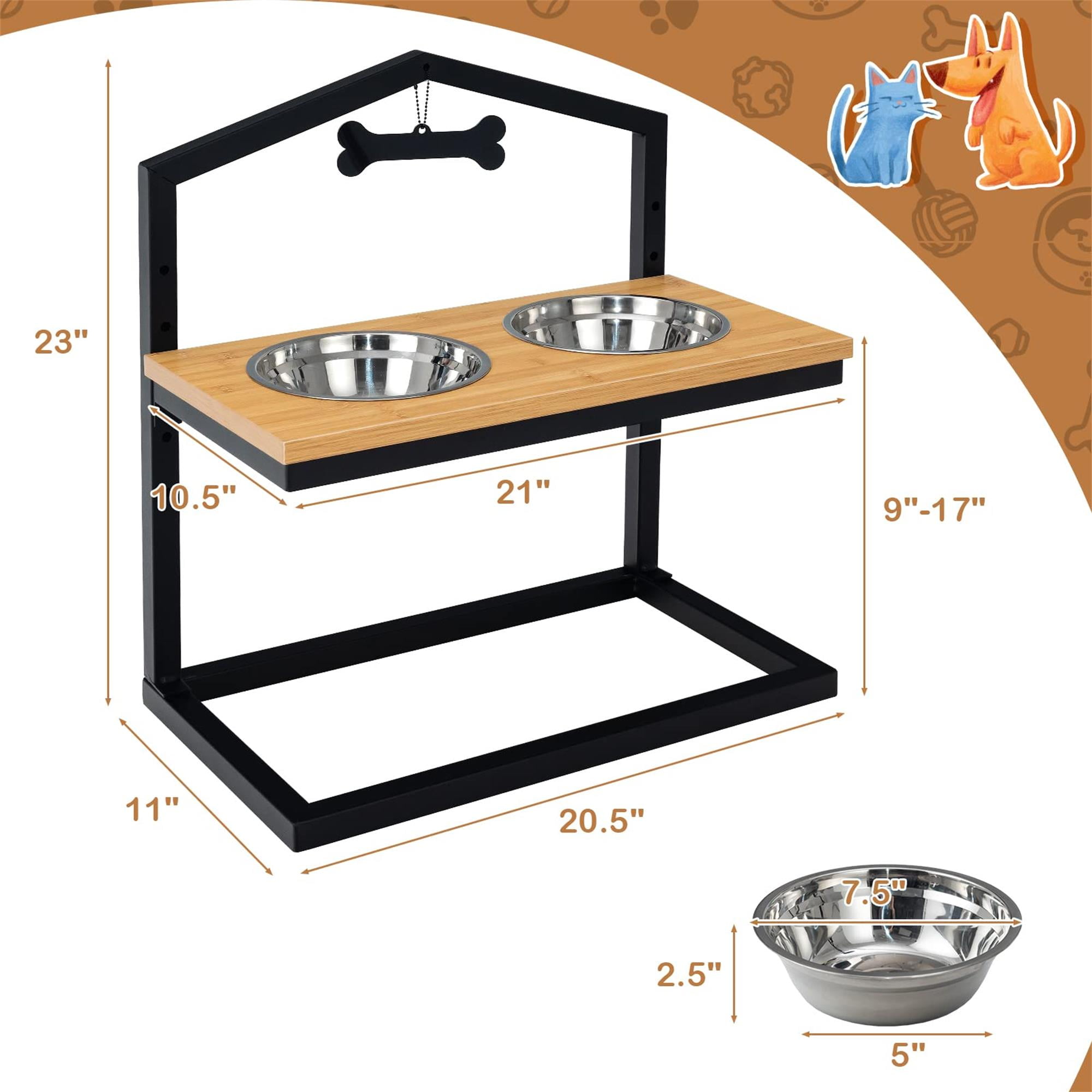 Kadyn 9"-17" Elevated Pet Feeder with 2 Stainless Steel Dog Bowl, Pet Food Bowls for Feeding Small Medium Dogs Cats Puppies, Beige