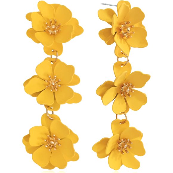 shiyou-Elegant Bohemian Matte Tiered Triple Flower Dangle Drop Earrings Chic Charm Cute Long Floral Stud Earrings for Women Girls Statement Jewelry Gifts