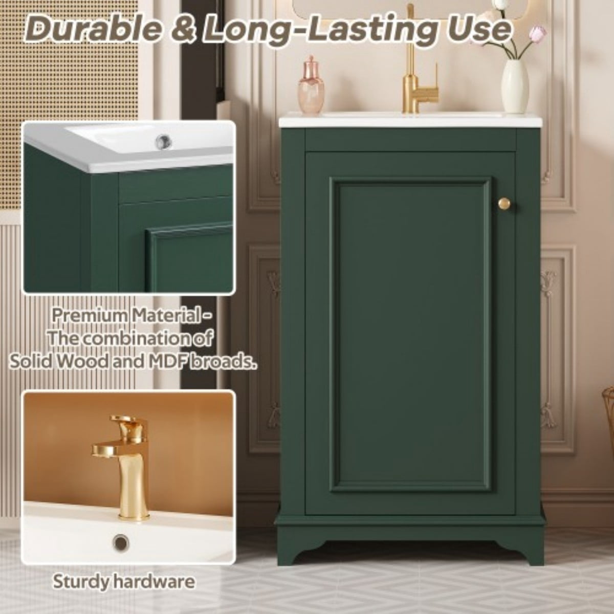 20" Bathroom Vanity with Ceramic Sink, Freestanding Bathroom Vanity Cabinet with Adjustable Shelf, Soft Close Door, Solid Wood Frame, Modern Green Vanity for Small Bathroom, Green