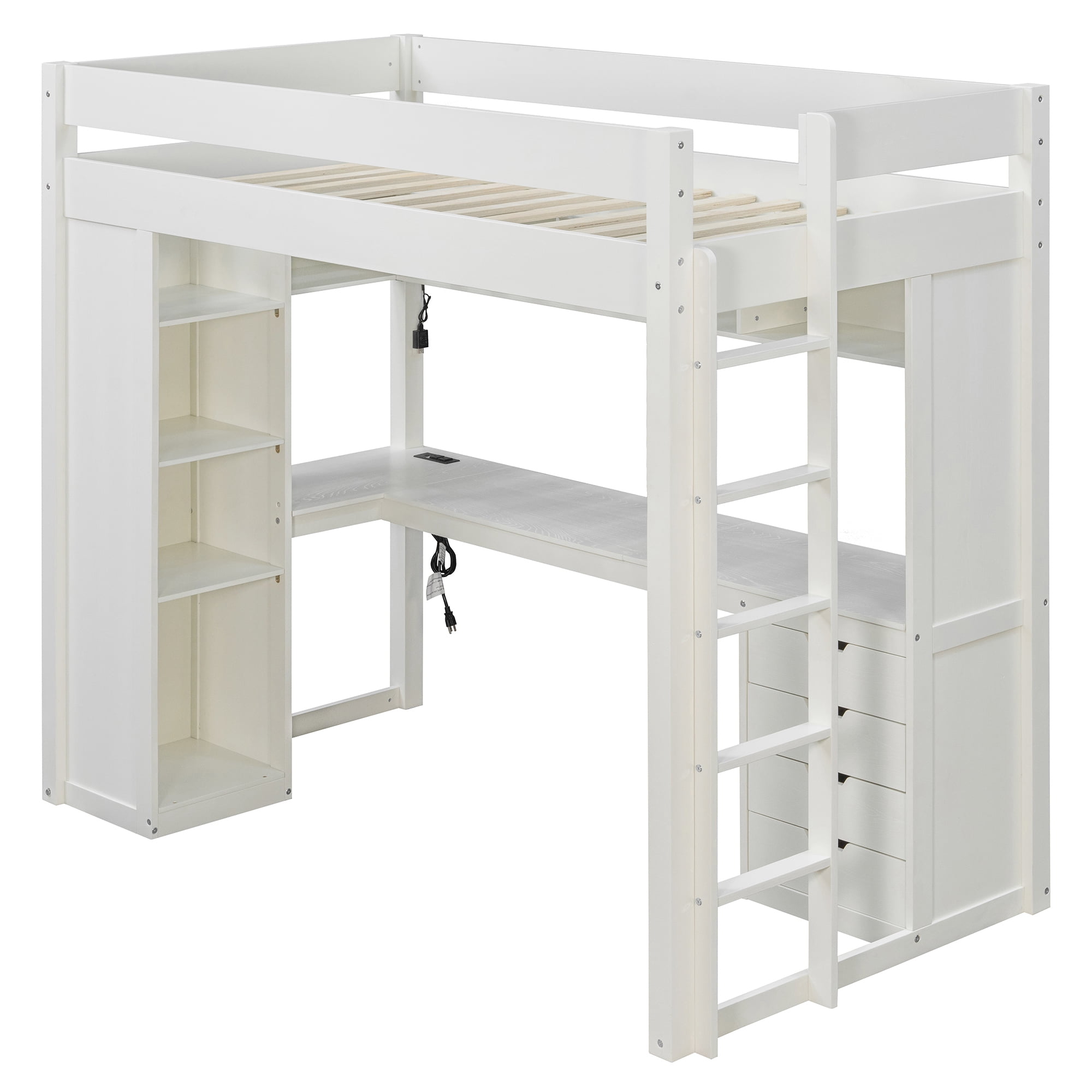 Mintazer Twin Loft Bed with L-Shaped Desk & Smart LED Lights and Charge Station, Modern Loft Bed with 4 Storage Drawers & Shelves, White