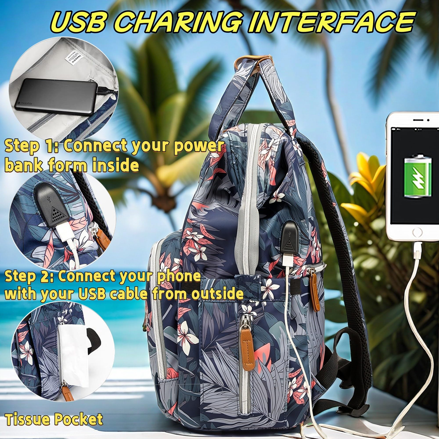 Floral Diaper Bag Backpack with USB Charging Port Stroller Straps and Insulated Pocket,Travel Nappy BackpackFor Women/Mum (Flower Pattern)