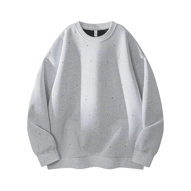 Xfvqtps Hauts pour Hommes Chandail à Manches Longues Col Rond Décontracté Mode Urbaine avec Détails Troués Gris