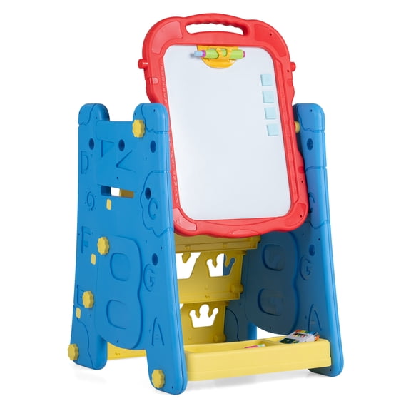 Costway 3 in 1 Art Easel for Kids with Book Rack, Height Adjustable Standing Easel, Age 3 Red & Blue