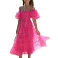 thumbnail image 5 of Biekopu Women's Summer Casual A-line Dress,Short Puff Sleeve Off Shoulder Midi Plaid Dress, 5 of 7