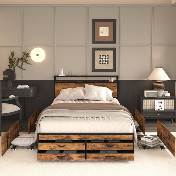 Queen Size Storage Platform Bed Frame with 8 Drawers, LED Headboard and Charging Station, Metal Bed Frame with RGB Lights, Modern Bedroom Furniture, Mattress Not Included, Brown