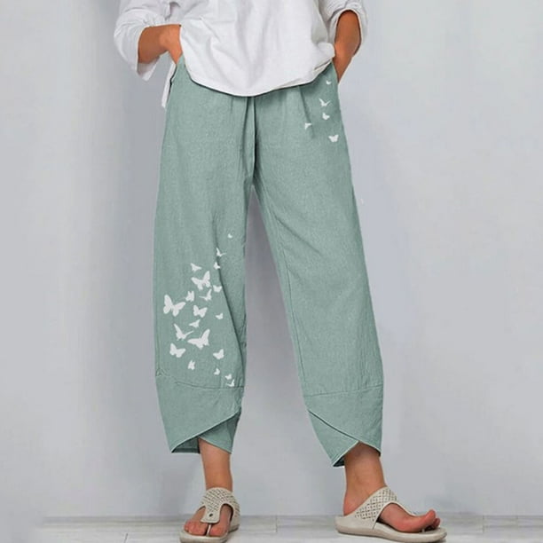 Puntoco Pantalones de pierna ancha con estampado de mariposas de algodón y lino sueltos de moda informal para mujer Puntoco Puntoco-8211