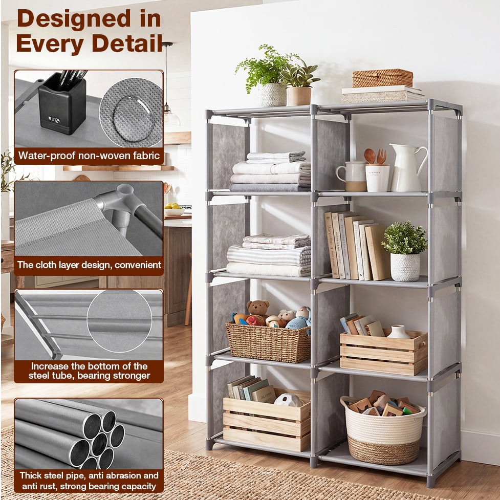 HONEIER Bookshelf, 8-Cube Storage Organizer, 5-Tier Open Bookcase for Bedroom Living Room Office, Gray