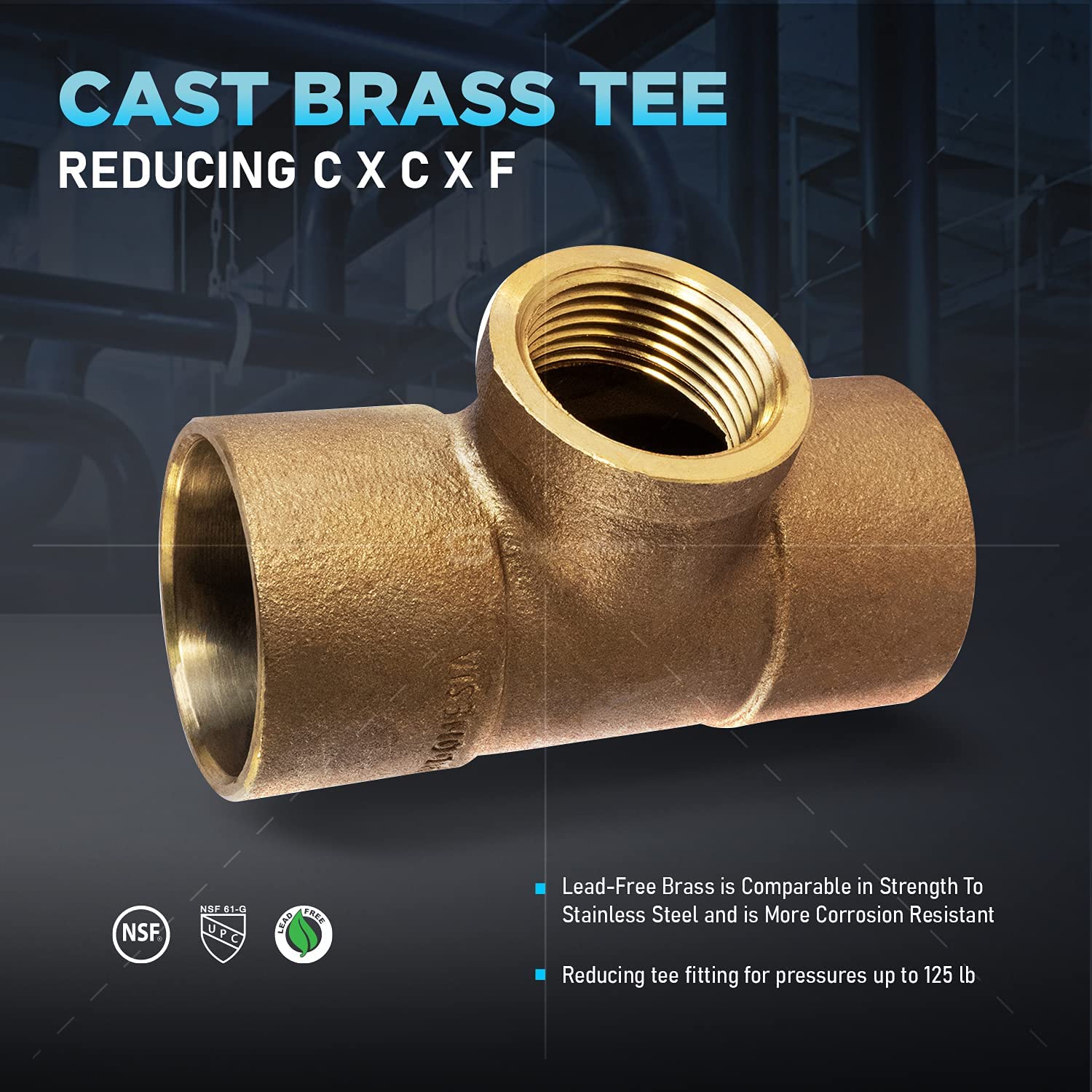 Supply Giant CCFT1134-NL CXCXF Lead Free Cast Brass Tee Fitting with Solder Cups and Female Threaded Branch, 1" x 1" x 3/4" - image 4 of 6