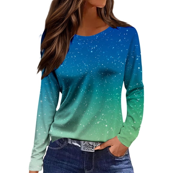 MEICHEN Womens Long Sleeve Shirts Causal Cute Sparkly Print Crewneck Shirts Petite Spring Fahsion Blouse