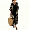 thumbnail image 2 of KHONTS Women's 3/4 Sleeve V-Neck Strip Oversize Linen Maxi Dress Plus Size Loose Long Dresses 01-Black XXXXL, 2 of 6