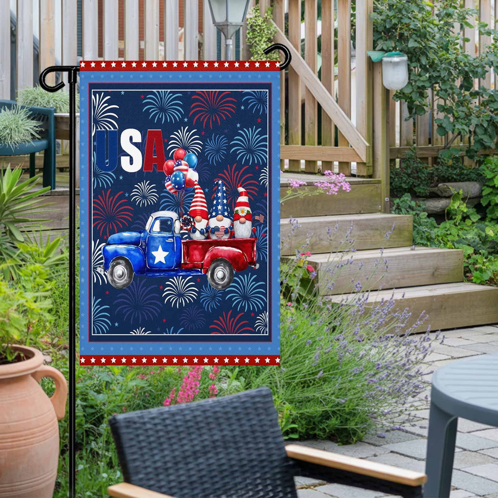 4th of July Garden Flags Patriotic Gnome Truck Garden Flag Double Sided Welcome Flag USA Flag Stars Balloon Independence Day Yard Flags for Outdoor Lawn Porch Memorial Day Holiday Decor 28x40 Inch
