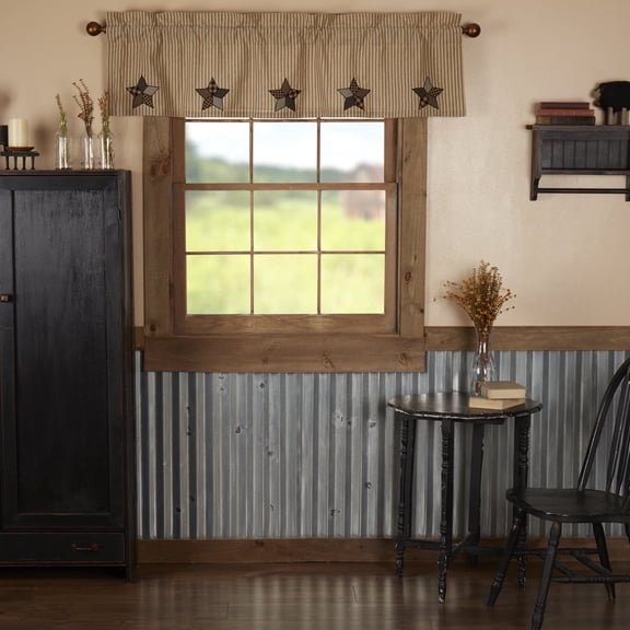 VHC Brands Farmhouse Star Appliqued Cotton Primitive Kitchen Curtains Rod Pocket Hanging Loops 16x60 Valance, Raven Black