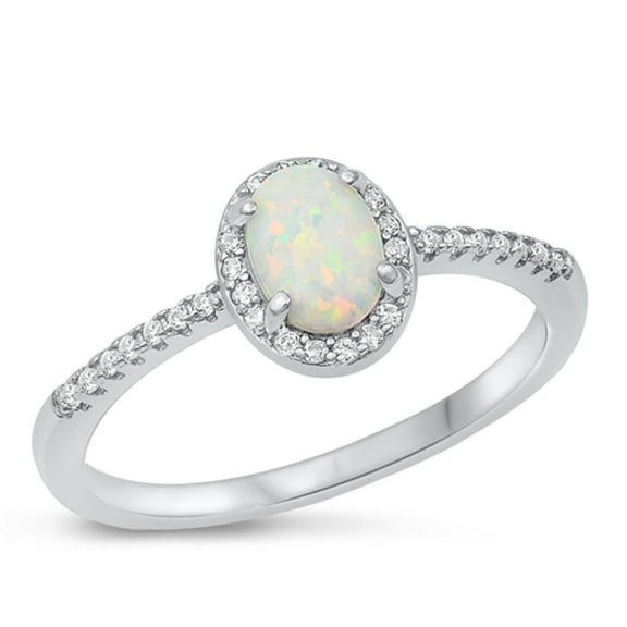 CHOOSE YOUR COLOR White CZ Halo White Simulated Opal Ring .925 Sterling Silver Band Female Size 5