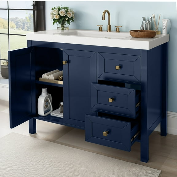 ModFusion 42" Blue Bathroom Vanity with White Resin Basin, Particleboard Storage Cabinet with 3 Drawers & 2 Doors