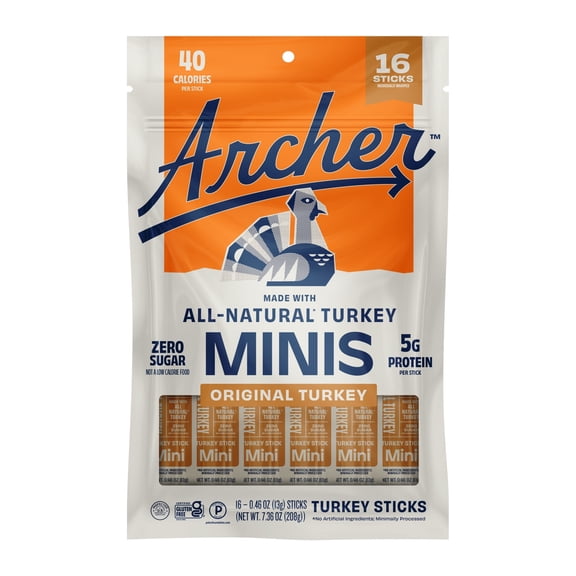 Archer Original Turkey Mini Jerky Sticks, 5g Protein, Zero Sugar, 0.46 oz, 16 Count