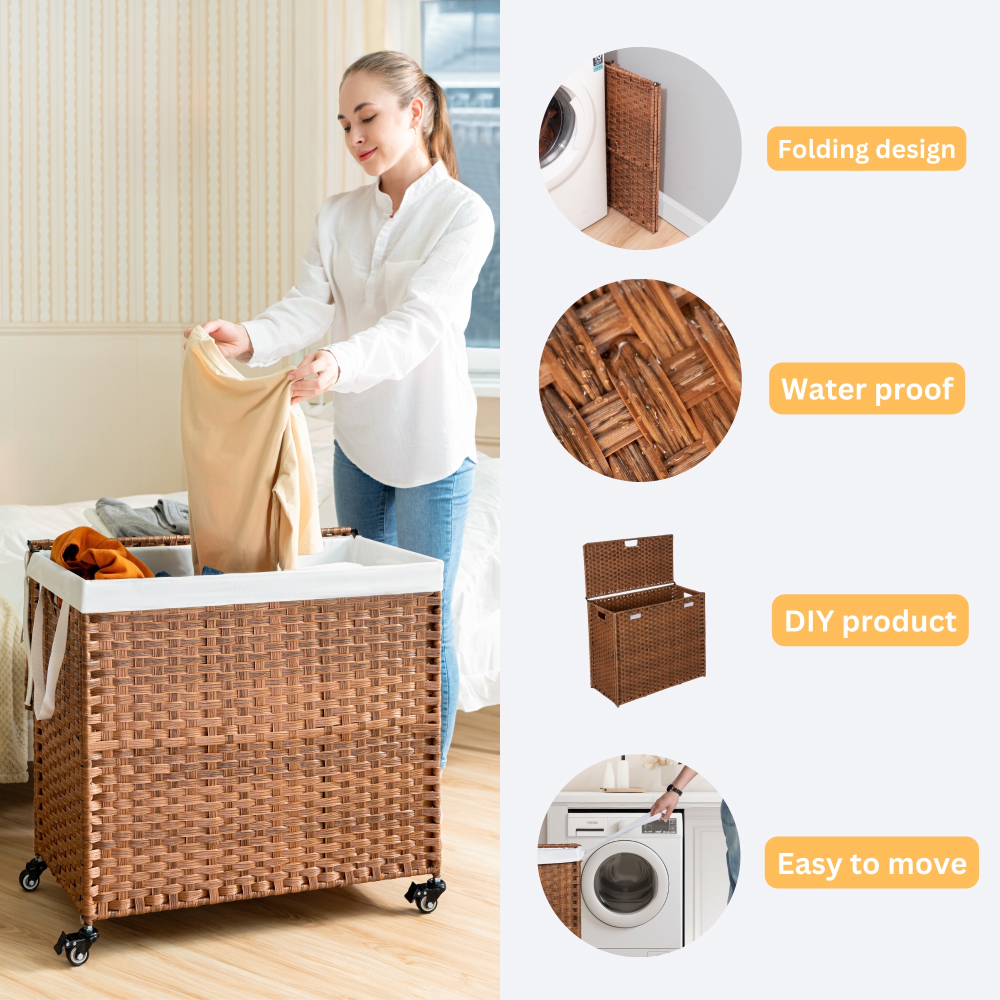 PORKISS Wheeled Laundry Basket with Lid, Laundry Hamper for PE Rattan, Waterproof Square Clothes Hamper with Removable Bags for Dorm Clothes Toy Storage, 42.26 Gal. Brown