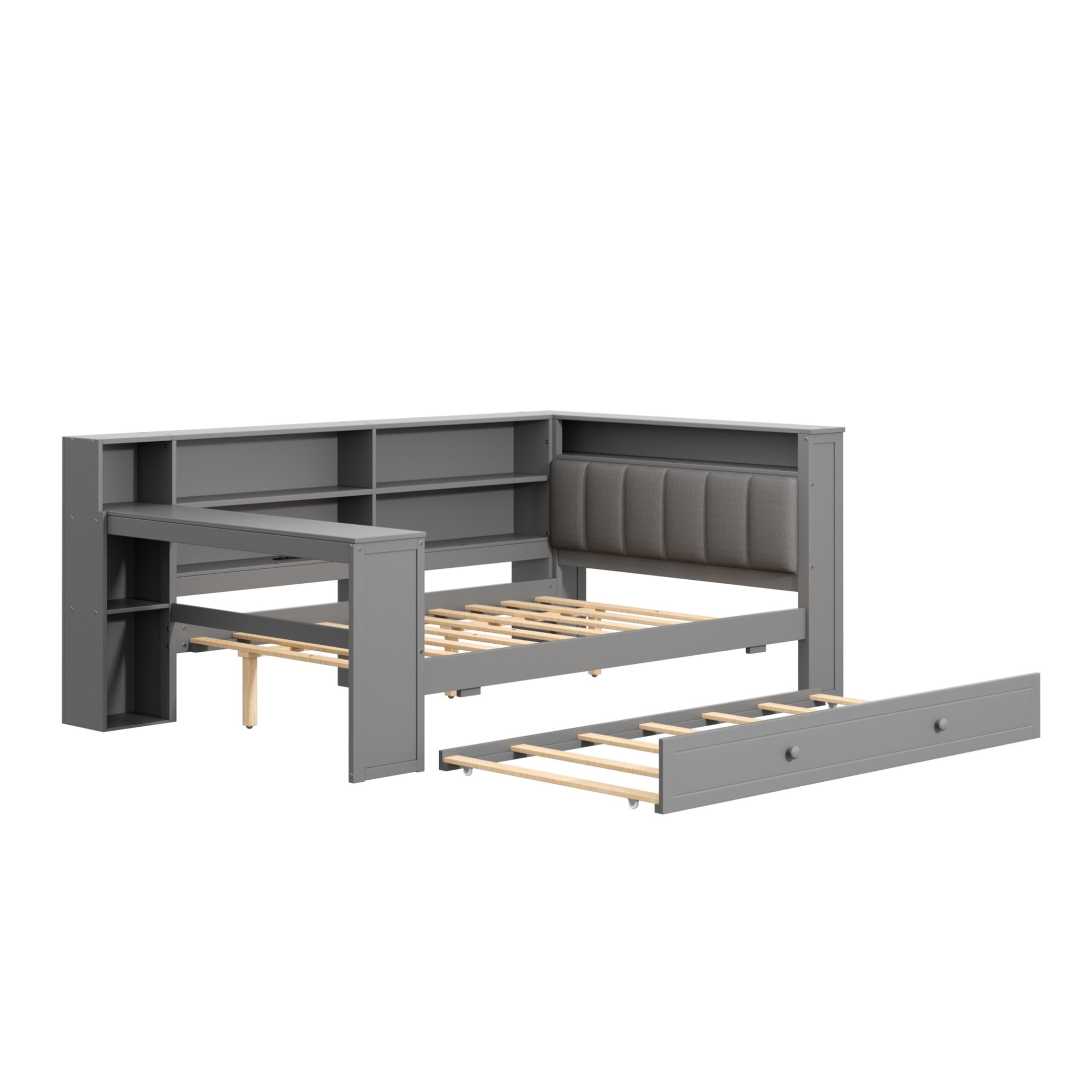Noble House Full Platform Bed with Storage Shelves and Trundle, LED Desk and Integrated USB, Upholstered Headboard, Gray
