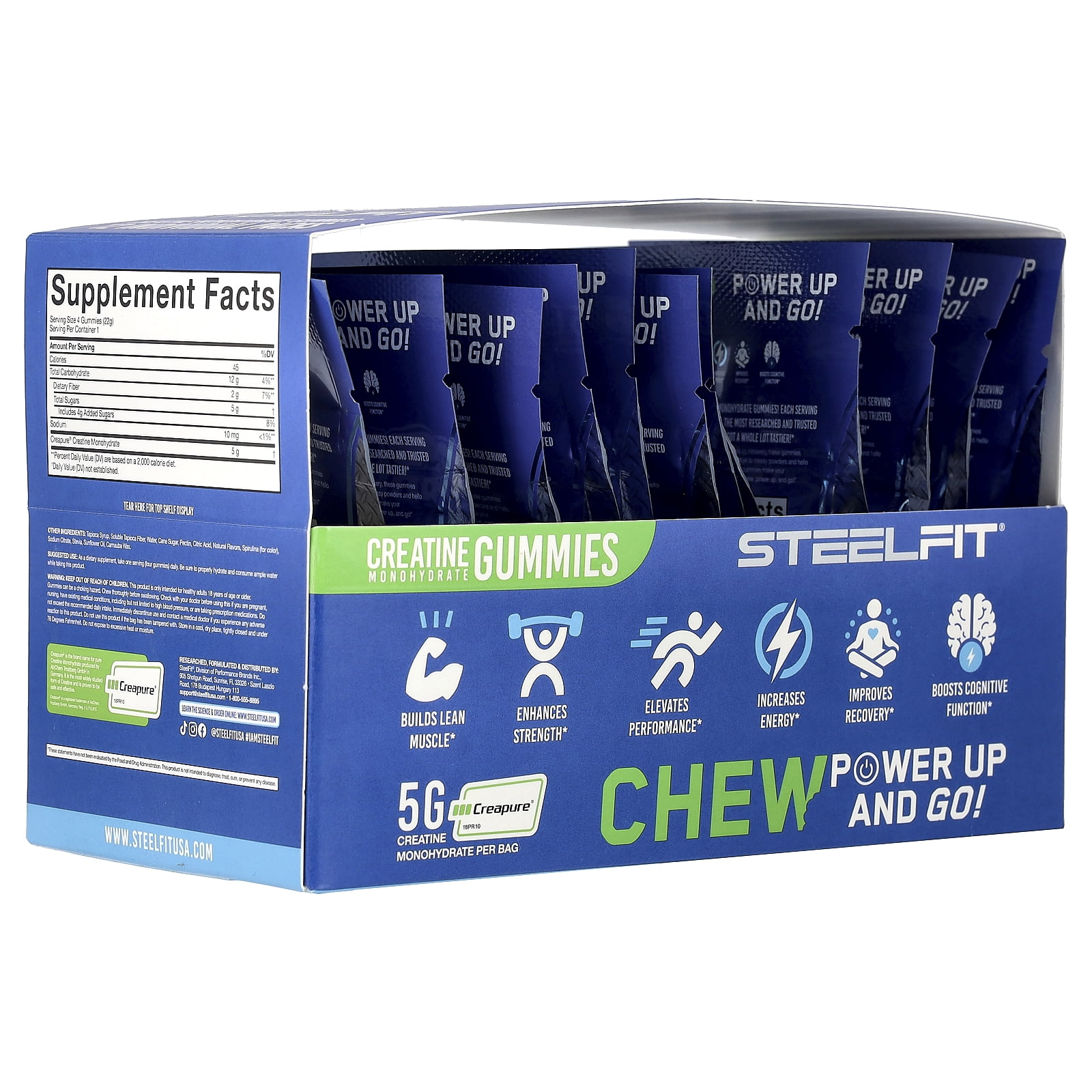 SteelFit Creatine On-The-Go™, Creatine Monohydrate Gummies, Blue Raspberry, 12 Packs, 0.8 oz (22 g) Each