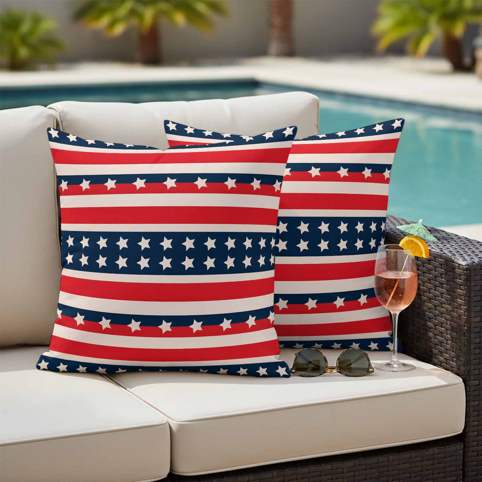 4th of July Outdoor Waterproof Throw Pillow Covers Set of 2 Patriotic Stars Stripes Pillowcases Outdoor Pillows Cushion Case 18x18 Inch Red White Blue Striped Patio Pillows for Couch Sofa Bed Garden