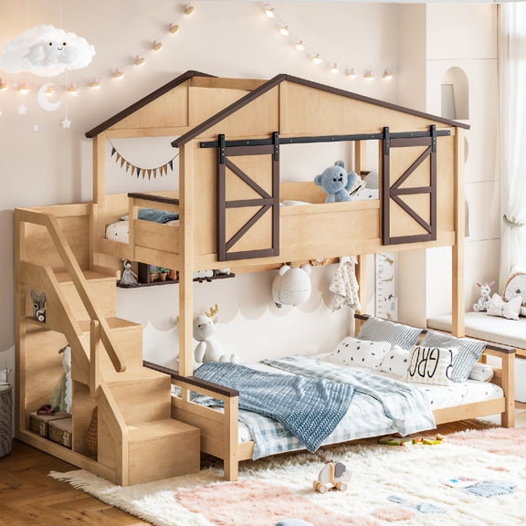 Twin Over Full House Bunk Bed with Storage Staircase, Solid Wood Bunk Bed Frame with Barn Style Sliding Doors & Shelves, Playhouse Bunk Bed for Kids Bedroom,No Box Spring Needed,Mattress Not Included
