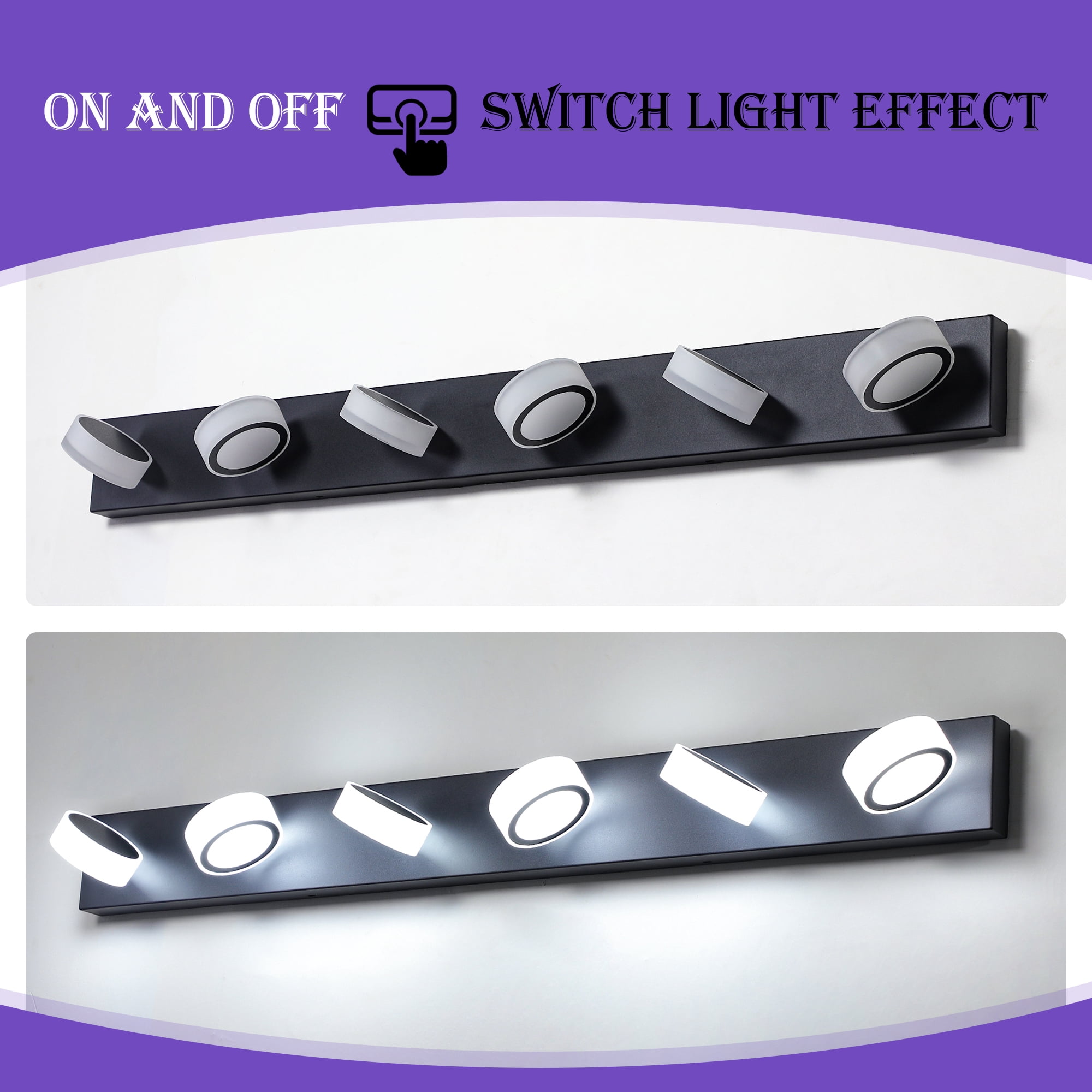 GCGAFUL 45 in. 6-Light Modern Black LED Vanity Light Bar with Acrylic Shades for Mirror, Shower, and Bathroom Decor