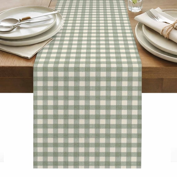 Sage Green Plaid Table Runner Gingham Checked Minimalist Modern Tablerunners 13 x 72 Inch, Table Decorations Tabletop Scarf for Summer Gathering Holiday Farmhouse Kitchen Dining Decor