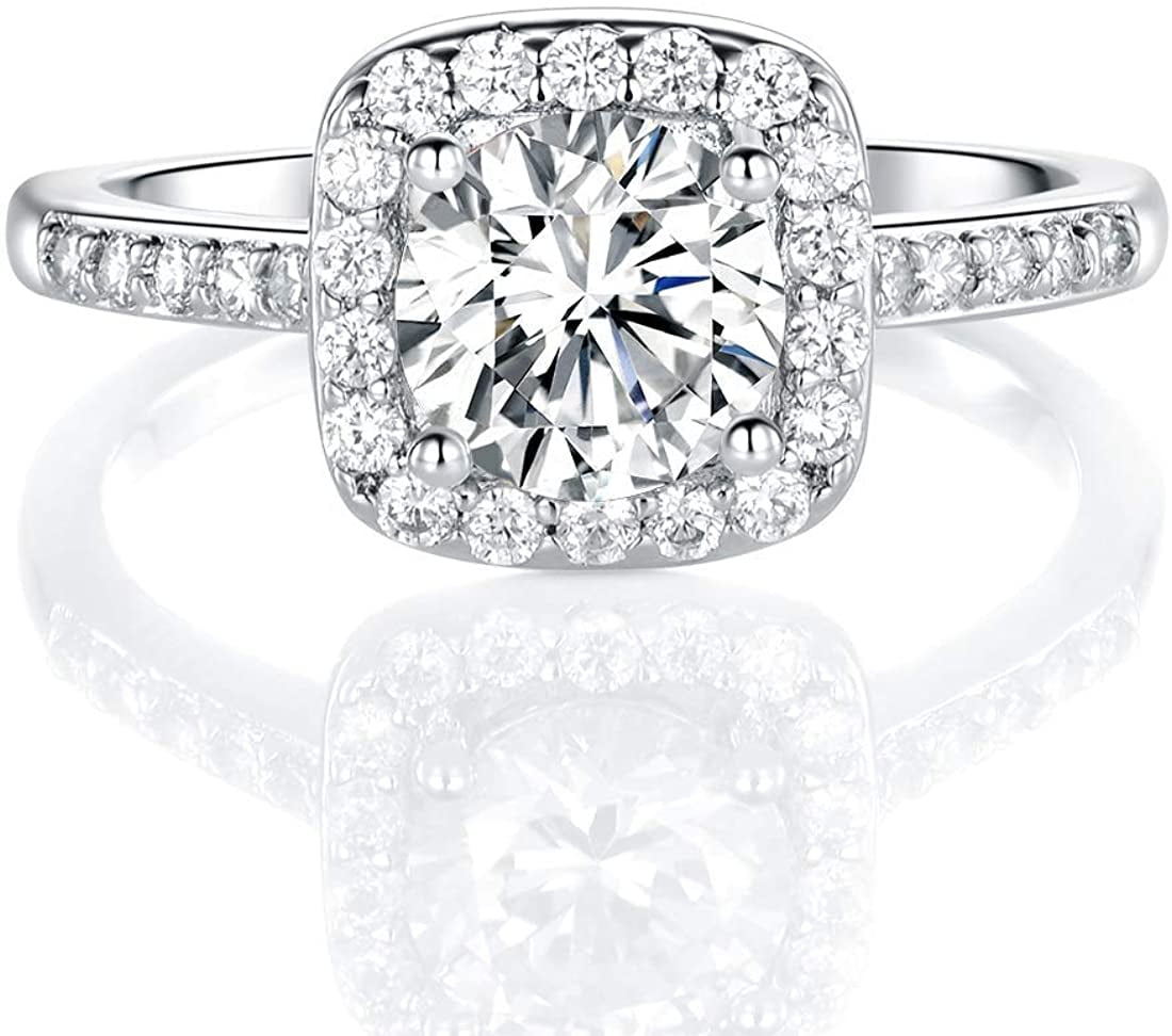 GEMSME 18K White Gold Plated Cubic Zirconia Promise Halo Engagement Promise Eternity Ring for Women
