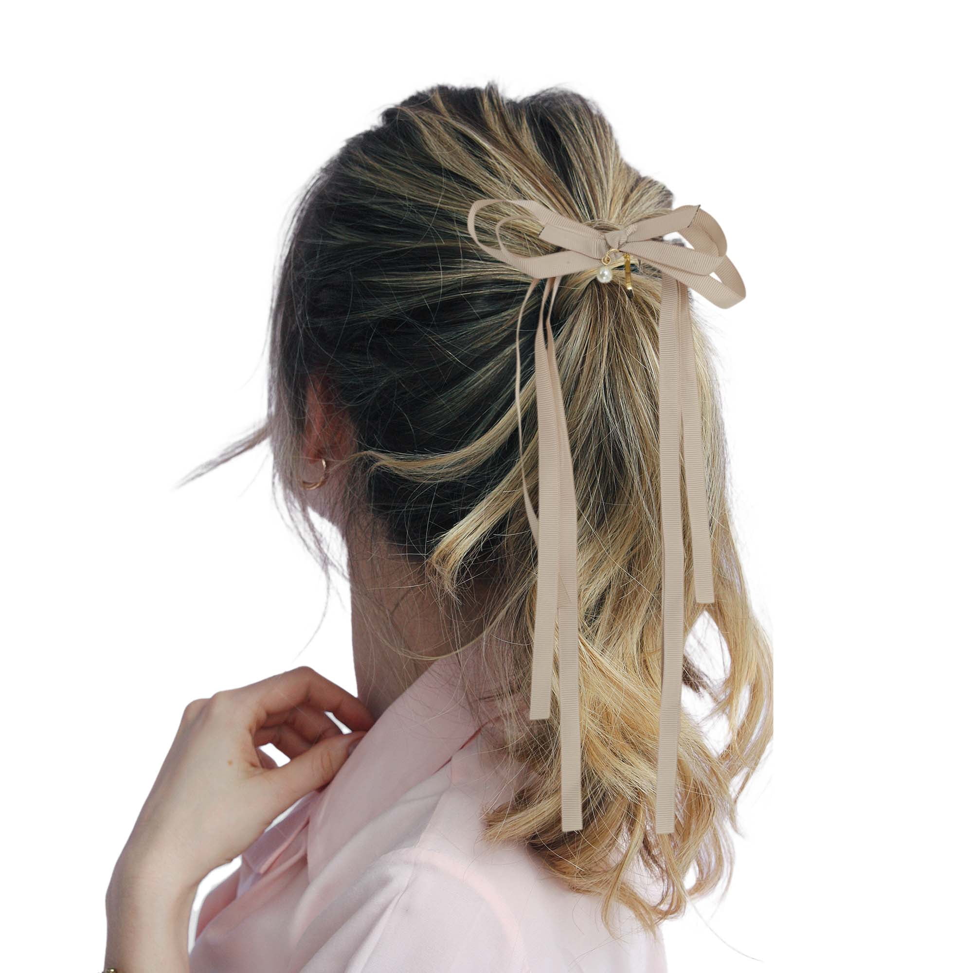 Unique Bargains Stylish Ribbon Bow Ponytail Buckle Hair Clip for Women 1 Pc Beige