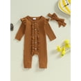thumbnail image 3 of xiaxaixu Baby Girl Rompers Solid Color Buttons Frills Crew Neck Long Sleeve Jumpsuits Fall Clothes Bodysuits with Headband, 3 of 8