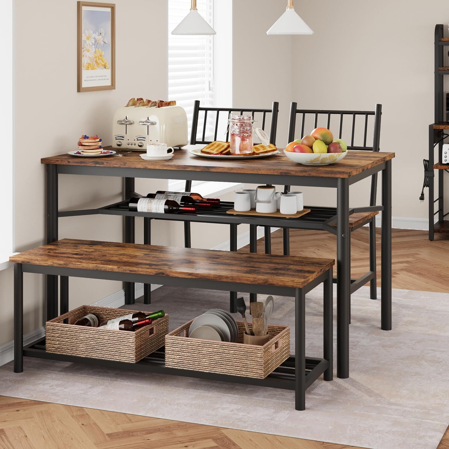 WhizMax Dinette Kitchen Furniture Dining Table Set for 4 with Storage Bench Wine Rack Brown Walmart