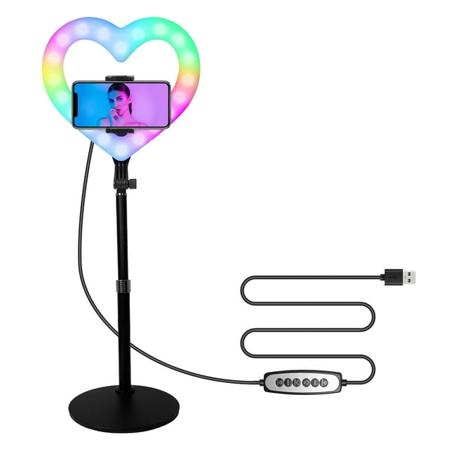 Riwcyla 10 Pouces Vidéo RVB Cœur, Remplissage en Forme à Intensité Réglable Alimenté par USB avec Support pour Téléphone Support Extensible de Bureau pour Diffusion en Direct Vidéo en Ligne Selfie Maquillage Vlog