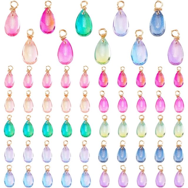 100Pcs 10 Colors Gradient Color Glass Pendents Teardrop with Copper Wire & Loop Mixed Color 18mm Hole: 3mm 10pcs/color