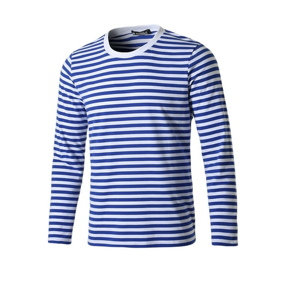 Unique Bargains Men's Long Sleeve Pullover Top Crew Neck Striped T-Shirts 50 Blue and White