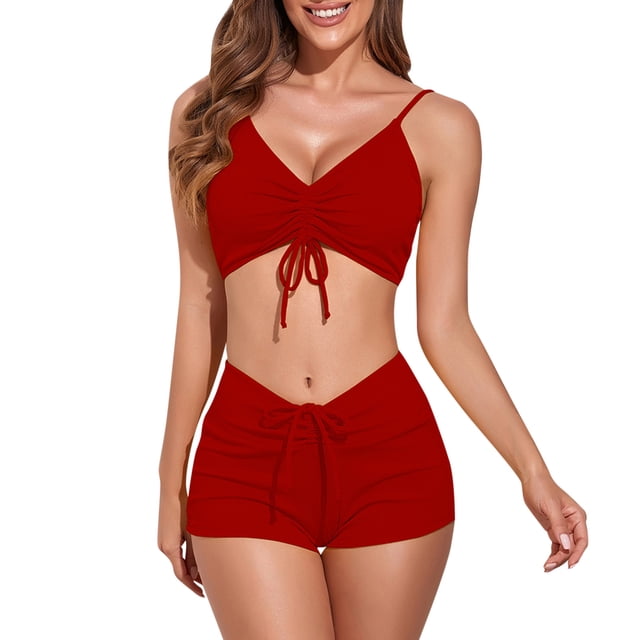 Women Two Pieces Swimsuit Ribbed Drawstring Adjustable Bikini Set Bathing Suits Swimwear