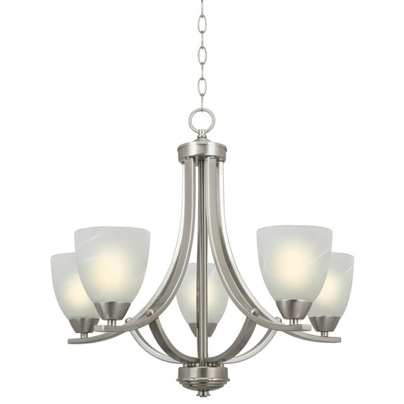 Kira Home Weston 24" 5-Light Hanging Chandelier   Alabaster Glass Shades, Adjustable Chain, Brushed Nickel