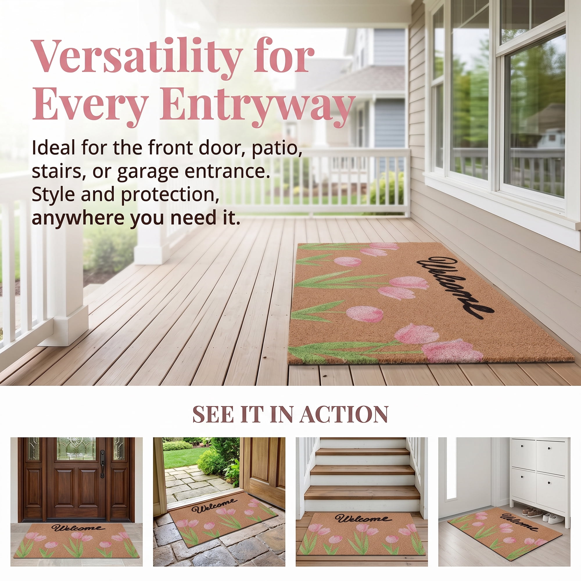 Unique Bargains Natural Coir Non-Slip Backing Waterproof Doormat Brown Tulip 28" x 18"