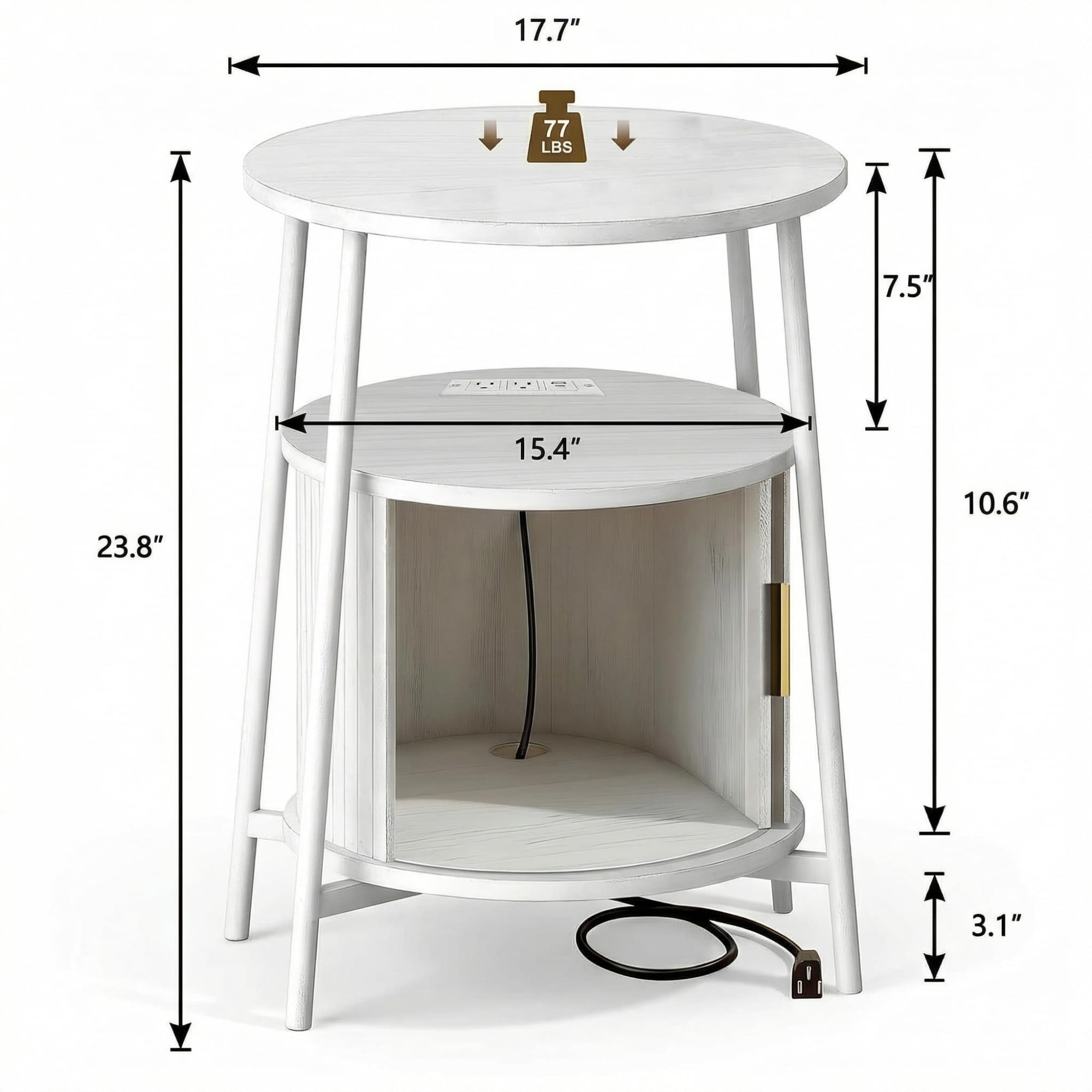 Round End Table with Charging Station, Fluted Side Table with Sliding Door, Mid Century Modern Nightstand for Bedroom & Living Room, White