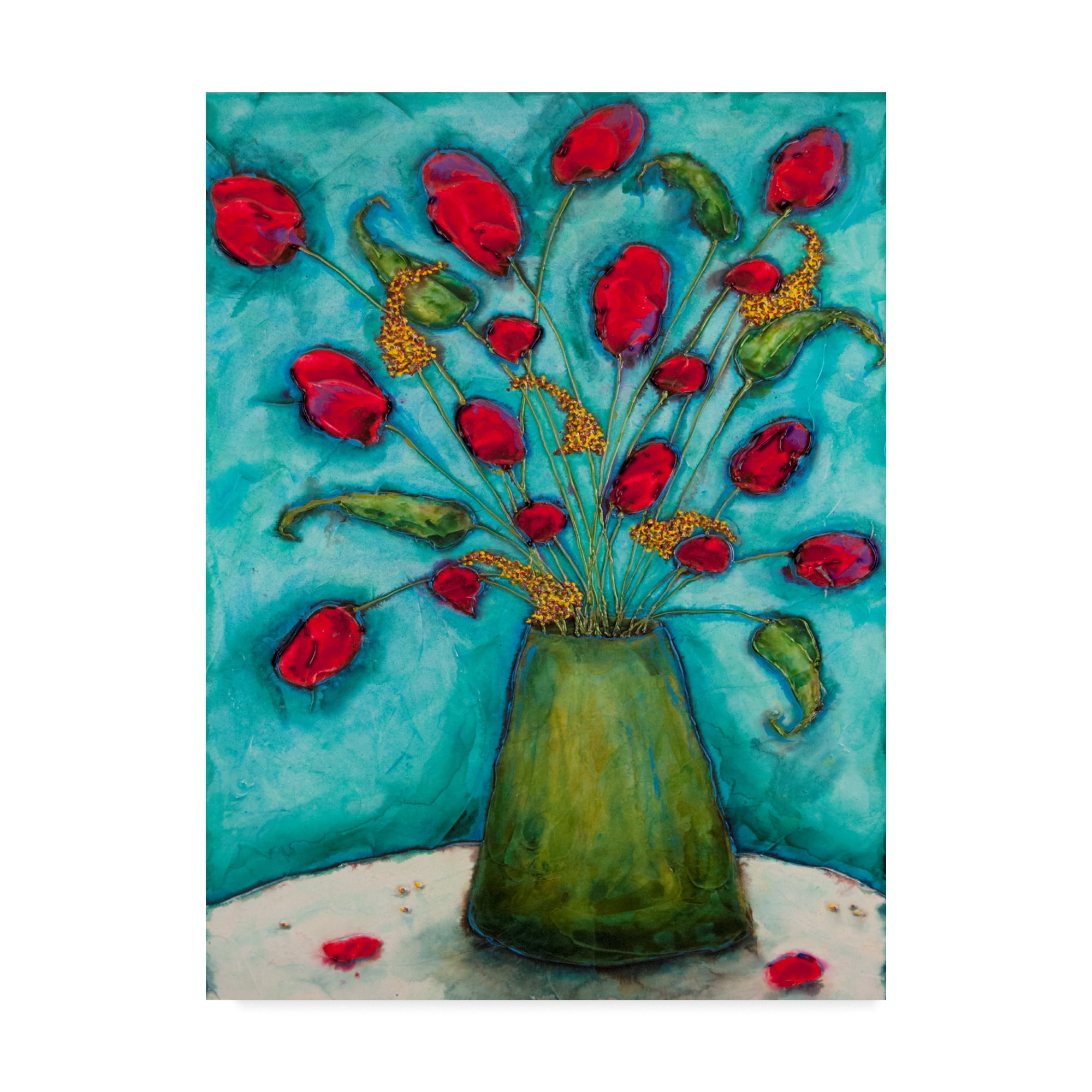 Flower Pot Vase Blooms Original Art modern Abstract still life painting light green, red Small art Flowers Painting floral painting