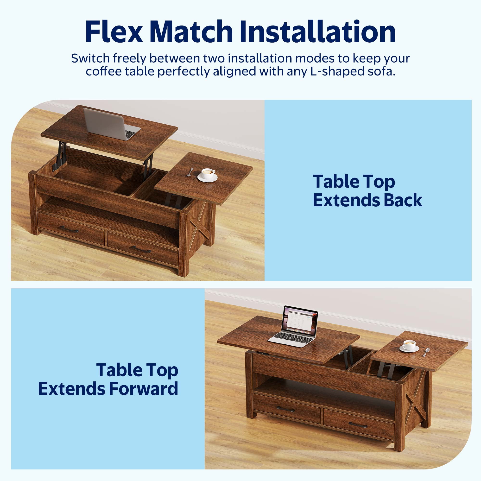 Greenstell Lift-Top Storage Coffee Table - Modern Style with 2 Drawers, Hidden Compartment & Wooden Lift Tabletop - Chestnut - 44"
