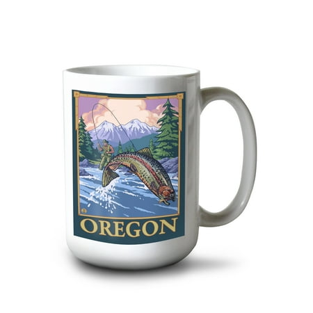 

15 fl oz Ceramic Mug Oregon Fly Fishing Scene Dishwasher & Microwave Safe