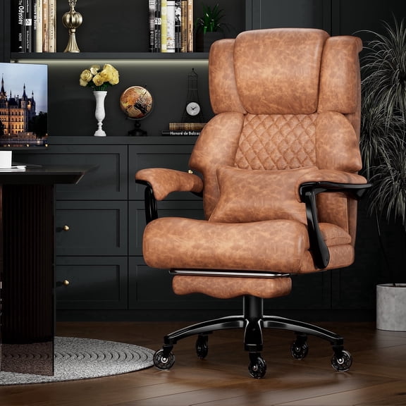 Big and Tall 700LBS Heavy Duty Executive Office Chair with Metal Base, Linkage Armrest, Footrest, Extra Thick Wide Cushion, Silent Rubber Wheels, Light Brown