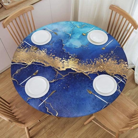 Blue Golden Marble Background Tablecloth with Elastic Edge, Round Table Cloth Washable Reusable Table Cover for Kitchen Dining Party Picnic, Small (Suitable for 40-44 in)