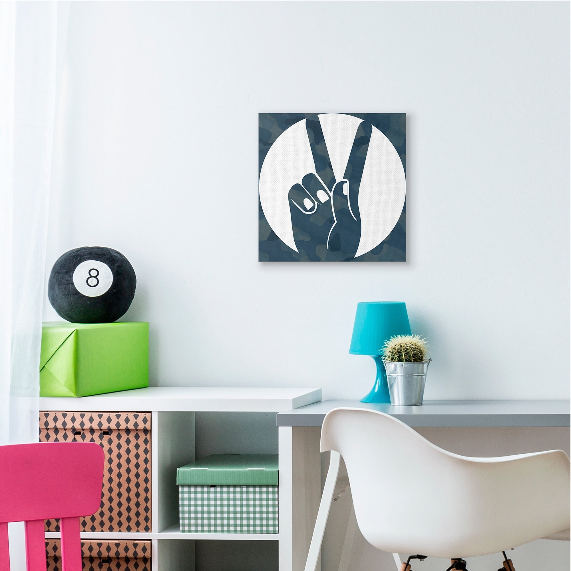 Stupell Industries Peace Sign Hand Pose Over Dark Blue Camouflage Canvas Wall Art, 24 x 24, Design by Daphne Polselli